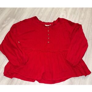 Baku Red Gauze Babydoll Henley Top Ruffle Empire Waist Balloon Sleeve Large
